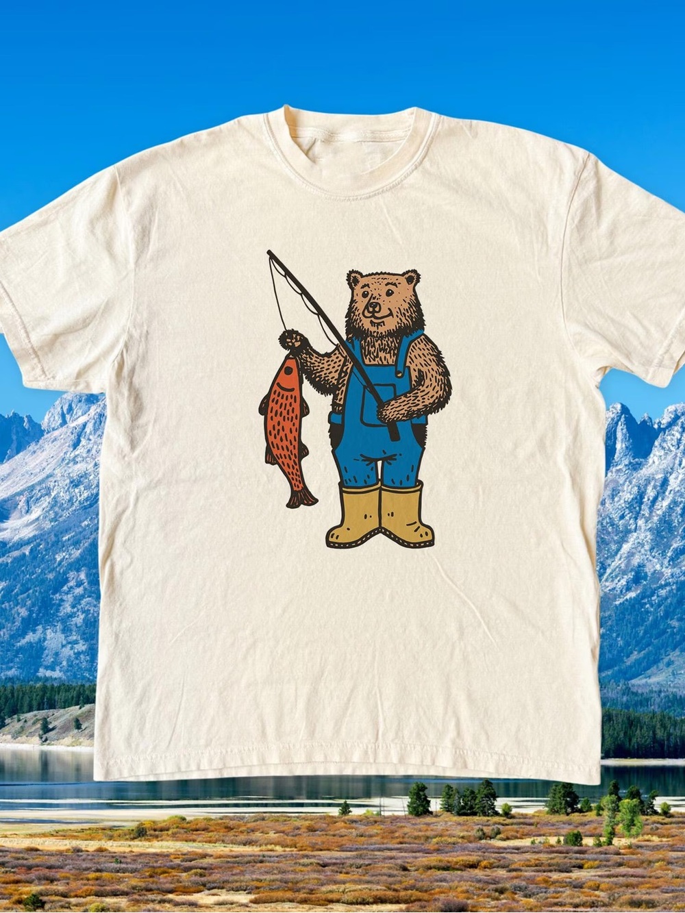 Unbranded Bear Fisherman Shirt, Cute Outdoor Graphic Tee - Unisex Off White